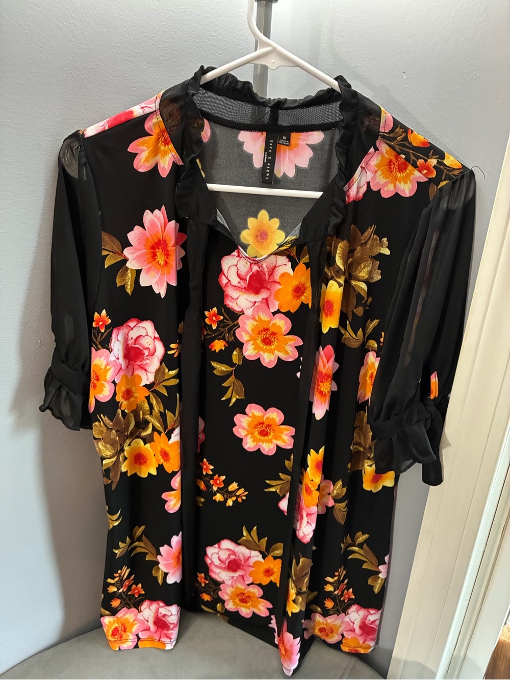Black Floral Tie-Neck Blouse with Pink & Yellow Blooms
